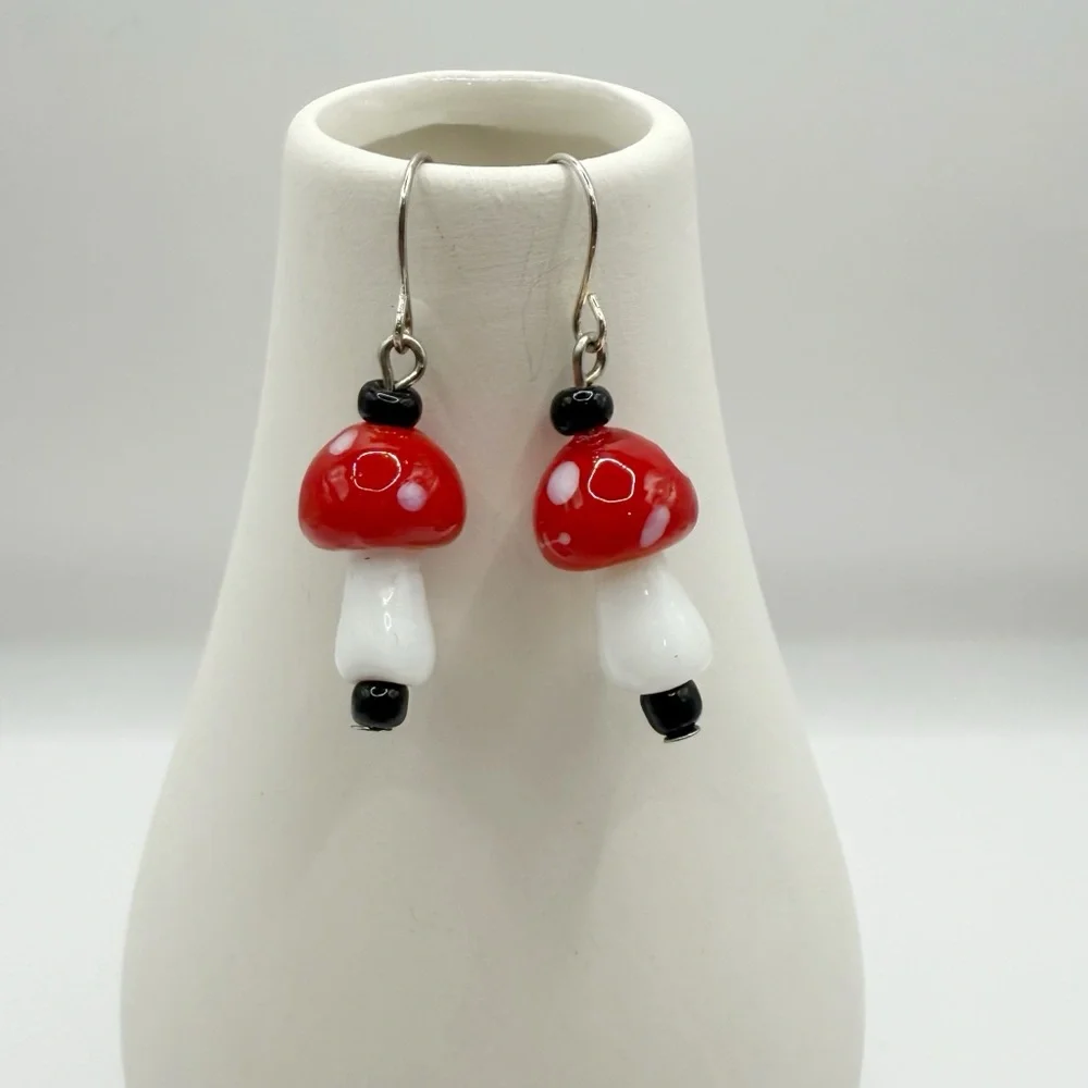 Handmade Red Mushroom Dangle Earrings Cottagecore Fairy